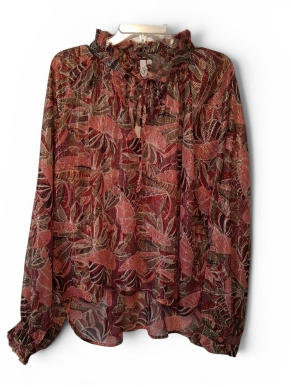 ELAN Palm Leaf Metallic Sheer Blouse. Large   NWT
